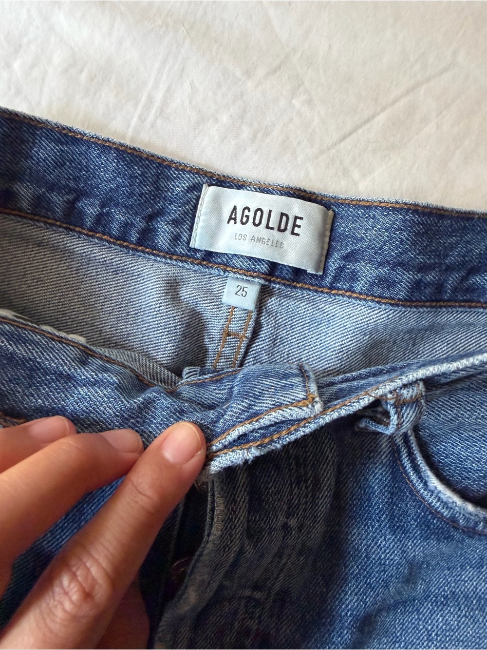 Agolde Medium Blue High-Rise Distressed Denim Cutoff Shorts - Picture 3 of 3